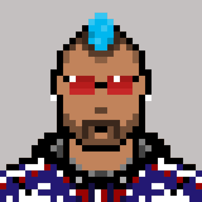 A pixel art portrait of a bearded man with red sunglasses and a blue mohawk, wearing a red, white, and blue American flag-themed shirt.