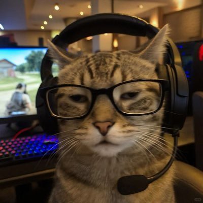 A digitally edited image of a tabby cat wearing black-rimmed glasses, a gaming headset with microphone, and sitting in front of a gaming PC displaying a game.