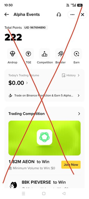 A screenshot of the 'Alpha Events' app displays a Total Points score of 222 for UID 967694890, overlaid with a large red X marking it as a scam or warning.