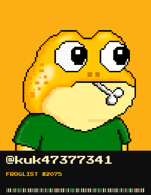 Pixel art image of a yellow frog with large eyes and a bone in its mouth against an orange background, labeled '@kuk473777341 FROGLIST #2075'.