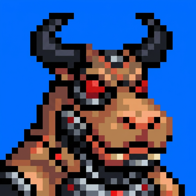 A pixel art image of a fierce, horned hippo warrior with red eyes and battle damage against a bright blue backdrop, depicting the retro-style "Terminator Hippo Bull" NFT that was distributed to Convex Finance ($CVX) holders as a second airdrop reward via ResupplyFi.