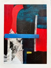 An abstract mixed-media collage artwork featuring red, blue, black, and white geometric shapes with torn paper textures and grid patterns.