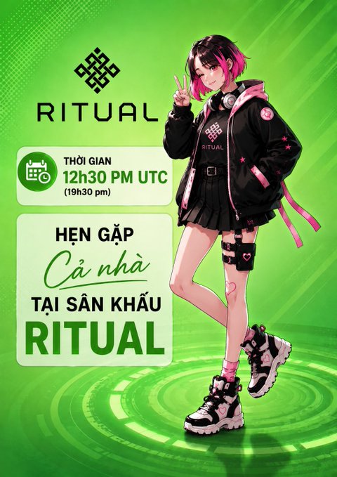 An anime-style promotional poster for 'RITUAL' featuring a pink-haired female character in a black outfit, with event details: '12h30 PM UTC (19h30 pm)' and 'HEN GẶP Cả nhà TẠI SÂN KHẤU RITUAL'.