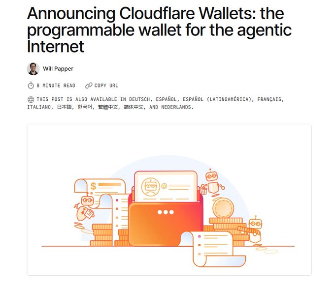 The image is a blog post announcement titled "Announcing Cloudflare Wallets: the programmable wallet for the agentic Internet" by Will Papper, indicating an 8-minute read, accompanied by an orange-toned illustration of a digital wallet surrounded by coins and small robot characters—visually reinforcing the article's theme of AI agents using wallets for automated payments.