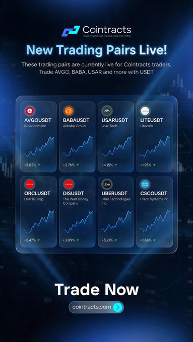A Cointracts promotional advertisement announcing 'New Trading Pairs Live!' featuring stock token pairs including AVG/USDT (Broadcom +3.82%), BABA/USDT (Alibaba +2.76%), USAR/USDT (Usar Tech +4.15%), LITE/USDT (Litecoin +1.93%), ORCL/USDT (Oracle +2.47%), DIS/USDT (Walt Disney +3.09%), UBER/USDT (Uber Technologies +5.27%), and CSCO/USDT (Cisco Systems +1.68%).
