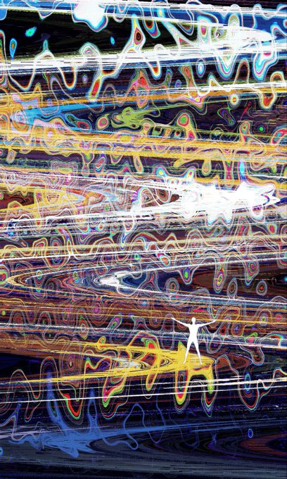 An abstract, psychedelic image features wavy, distorted lines and ripples of color including blues, yellows, reds, and whites, resembling a heavily glitched or corrupted digital display.