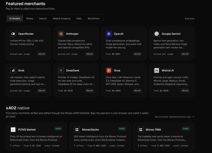 A dark-themed webpage displaying 'Featured merchants' with AI services like OpenRouter, Anthropic, OpenAI, Google Gemini, Grok, DeepSeek, Groq, and Mistral AI, each with pricing per usage.