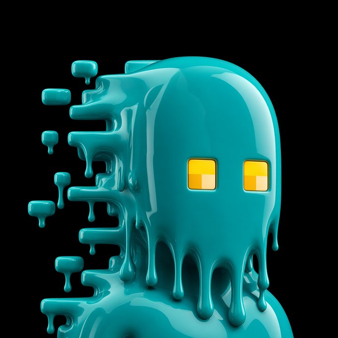 A glossy teal, slime-like ghost figure with pixelated yellow eyes drips and melts against a black background, resembling a stylized Pac-Man ghost. The fluid, melting aesthetic and cybernetic pixel eyes evoke a digital, blockchain-inspired theme fitting the cryptic ZM, ZEC, and zk-SNARKs references in the post.