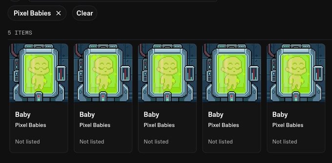 Digital marketplace interface showing 5 items labeled "Baby" from "Pixel Babies" collection, each depicted as a glowing green baby figure in a sci-fi containment chamber.