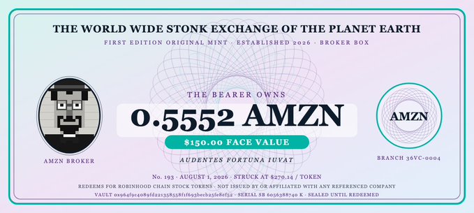 A mock stock certificate titled 'THE WORLD WIDE STONK EXCHANGE OF THE PLANET EARTH' representing 0.5552 AMZN shares, issued by an 'AMZN BROKER' with a pixelated face.