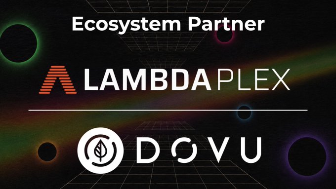 Graphic showing 'Ecosystem Partner' logos for LambdaPlex and DOVU on a dark retro background.