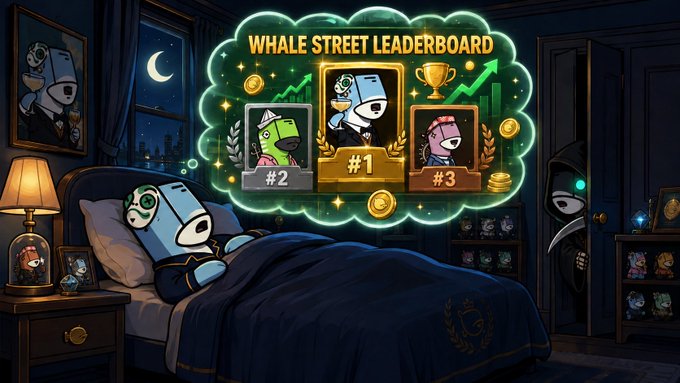 An illustrated cartoon scene shows a character dreaming in bed about a "WHALE STREET LEADERBOARD" displaying three ranked competitors with gold coins and a trophy.