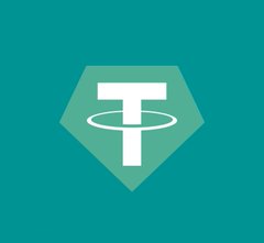 The Tether (USDT) logo is displayed, featuring a white 'T' with a ring around it inside a green and teal diamond shape on a dark teal background.