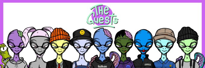 A colorful illustration of 'The Qvests' NFT collection featuring ten alien-like characters with varying skin colors (green, purple, blue, yellow) and unique accessories like beanies, caps, and hoodies, with a small green frog on the left.