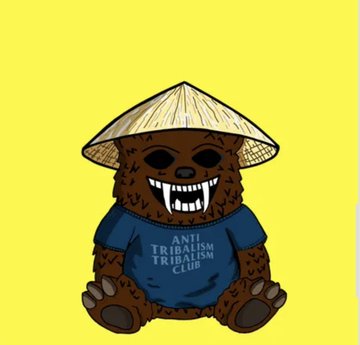 An illustration of a brown furry creature wearing a conical hat and a blue shirt that reads 'ANTI TRIBALISM TRIBALISM CLUB' on a yellow background.