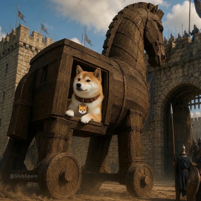 A Shiba Inu dog peeks out from a window of a large wooden Trojan horse on wheels in front of a medieval castle, watermarked '@ShibSpain'.