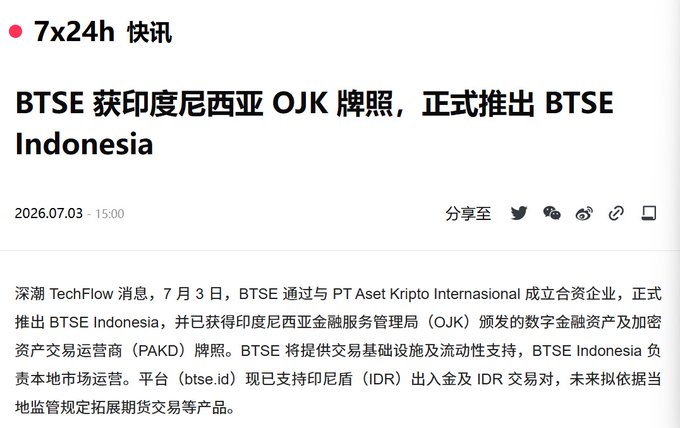 A Chinese news headline announcing that BTSE has obtained Indonesia's OJK (PAKD) license and officially launched BTSE Indonesia through a joint venture with PT Aset Kripto Internasional, with the platform at btse.id supporting IDR deposits and trading.