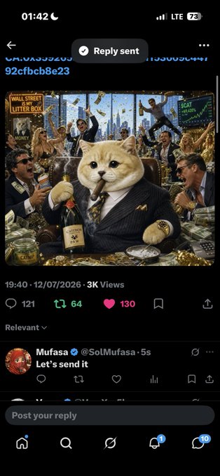 A social media post featuring an AI-generated image of a cat in a suit smoking a cigar amidst a chaotic Wall Street scene with money flying and bottles of champagne, dated 12/07/2026 with 3K Views.