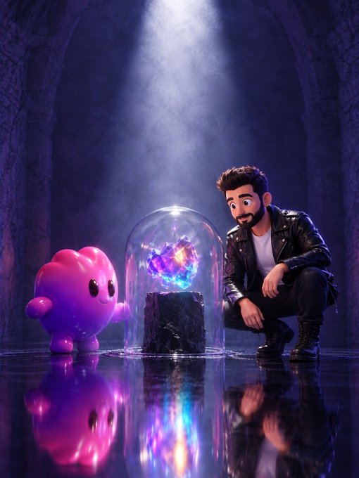 A stylized digital artwork depicting a man in a black leather jacket crouching next to a glowing purple crystal under a glass dome, with a small pink cartoon character beside it in a dark, cave-like setting.