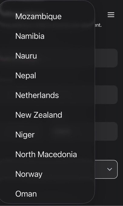 A dropdown menu listing countries including Mozambique, Namibia, Nauru, Nepal, Netherlands, New Zealand, Niger, North Macedonia, Norway, and Oman—likely from MoonPay's account creation country selection. Notably, Nigeria is missing from the visible list, supporting the post's claim that Nigerians are unable to create a MoonPay account.
