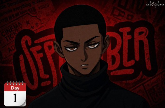 Anime-style illustration of a serious-looking character with short dark hair against a red "September" background with a "Day 1" calendar icon, from the webcomic webtoon "Bastard" by web3xplorer.