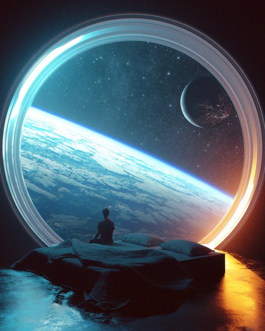 A digital artwork showing a silhouette of a person sitting on a bed in a dark room, gazing through a large circular window at Earth, stars, and a distant moon.
