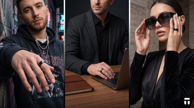 A composite of three images showing stylish models wearing black rings—one man in a hoodie with chains, a man in a blazer at a laptop, and a woman adjusting sunglasses.