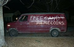 A red van parked outside at night with 'FREE CANDY + MEMECOINS' spray-painted on the side.