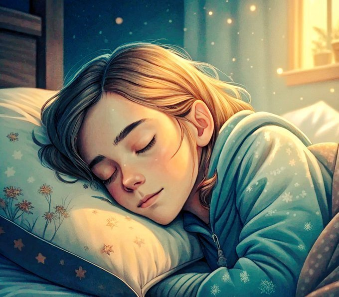 A serene illustration of a person peacefully sleeping in bed with warm lighting and soft snowflake motifs. The tranquil image complements the post's "good night" message, suggesting rest as the Web3 reputation discussion from @NucleusCodes winds down for the evening.