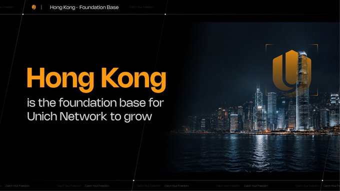 A promotional graphic for Unich Network features the text "Hong Kong is the foundation base for Unich Network to grow" alongside an illuminated Hong Kong skyline at night with the Unich "U" logo overlay, visually reinforcing the post's message about Hong Kong serving as the launch city for the network's first nodes and peer meetups.
