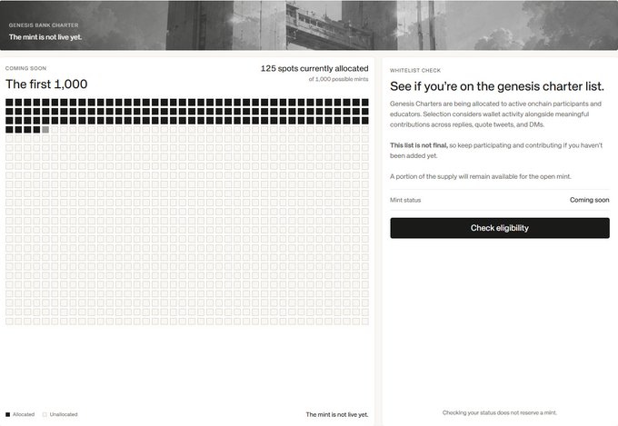 A webpage screenshot for a 'GENESIS BANK CHARTER' mint with text 'The first 1,000 of 1,000 possible mints', a grid of allocated/unallocated squares, and a 'Check eligibility' button.