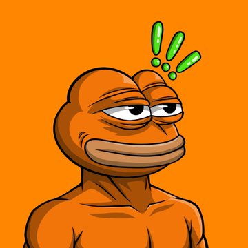 An illustration of a Pepe the Frog-style meme character with a smug expression and green exclamation marks above its head on an orange background.