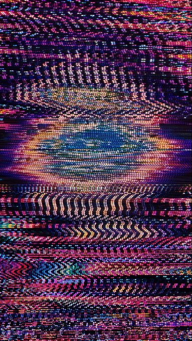 An abstract glitch art image with vibrant neon colors in a dotted/pixelated pattern, appearing to show a distorted face or figure in the center.