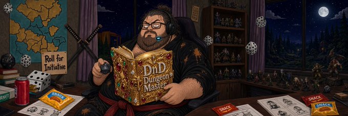 An illustration depicts a bearded man with glasses and headphones reading a glowing DnD Dungeon Master book, surrounded by dice, character sheets, and miniature figures in a windowed room at night.