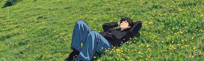 An anime-style illustration shows a young man with dark hair lying peacefully in a grassy field dotted with small yellow flowers.