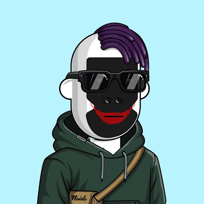 A cartoon character with a white mask, purple comb-over hair, dark sunglasses, and a red smiling mouth wears a green hoodie with a 'Noids' bag strap across the chest against a light blue background.