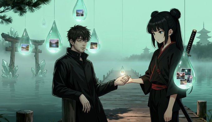 An anime-style illustration showing a man in black and a woman in a traditional dark outfit with a sword standing on a wooden dock, surrounded by floating teardrop-shaped bubbles containing images.