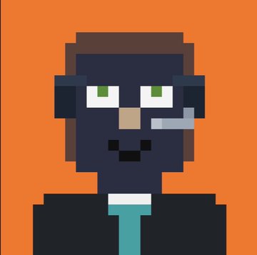 A pixel art illustration depicts a person with brown hair, green eyes, a headset, and a suit against an orange background.