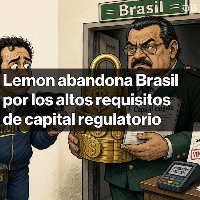 A cartoon illustration showing a sweating man facing a stern official holding a large padlock made of gold coins, with the headline 'Lemon abandona Brasil por los altos requisitos de capital regulatorio' and a sign reading '= Brasil ='.