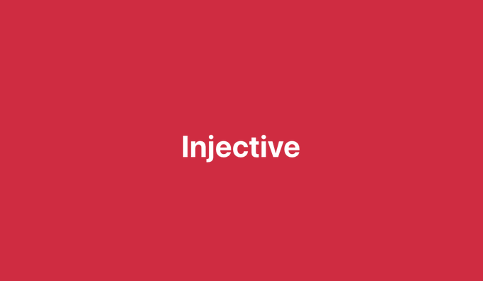 A solid red background displays the word "Injective" in white text.