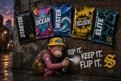 A promotional image showing four book covers (Starter, Ocean, Water, Exclusive, Elite) with a man holding a spray can and text reading 'RIP IT. KEEP IT. FLIP IT.'