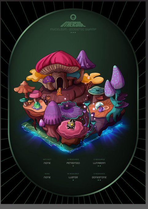 Digital artwork titled 'Mycelium - Exotic Swamp' depicting a colorful mushroom forest island with glowing blue water, listing stats including Artifact: none, N Resource: Petrified, R Resources: Luman and Bone.