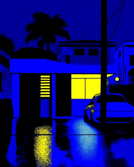 A stylized nighttime illustration of a modern house with a lit garage, silhouetted palm tree, parked car, and a silhouetted person, all rendered in striking blue and yellow tones with light reflecting off a wet surface.