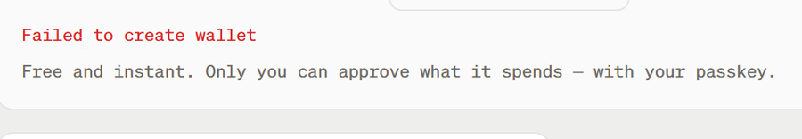 An error message reading "Failed to create wallet" in red text, accompanied by the description "Free and instant. Only you can approve what it spends — with your passkey." The image illustrates the wallet creation bug reported in the accompanying post about the PayBox MoonPay airdrop method.