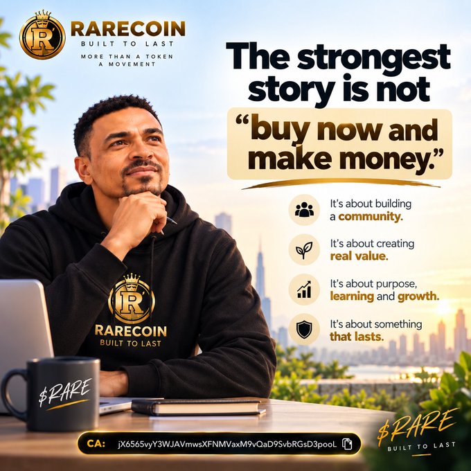A promotional graphic for 'RARECOIN BUILT TO LAST' shows a man in a branded black hoodie with the tagline 'The strongest story is not "buy now and make money."' and a contract address 'jX6565yyY3WJAVmwsXFNMvaxM9vQaD9SvbRGsD3pool'.