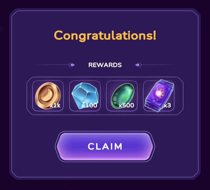 A digital rewards screen titled 'Congratulations!' displaying 1k gold coins, 100 blue gems, 500 green gems, and 3 purple cards, with a 'CLAIM' button below.