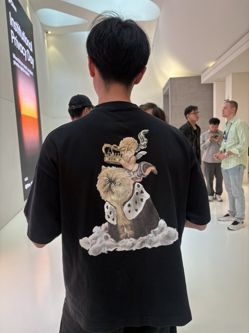 The back of a person wearing a black t-shirt featuring a graphic print of a fluffy cat dressed as a king or angel with a crown and wings, standing on clouds.