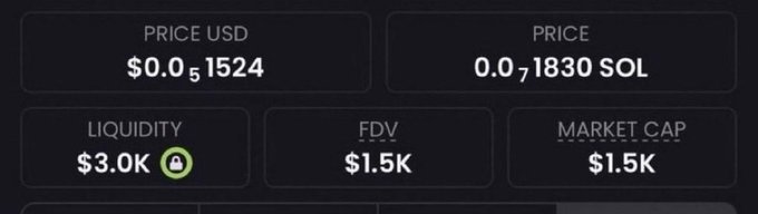 A cryptocurrency dashboard showing extremely low market metrics: a token priced at $0.0₅1524 USD (0.0₇1830 SOL) with only $3.0K liquidity, $1.5K FDV, and $1.5K market cap, illustrating the newly discovered micro-cap memecoin referenced in the promotional post.