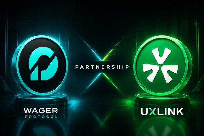 The image displays a promotional graphic announcing a "PARTNERSHIP" between Wager Protocol (represented by a cyan coin/token logo) and UXLink (represented by a green coin/token logo), set against a dark futuristic background with neon lighting. The visual ties directly to the post's message by symbolizing the collaboration between Wager's on-chain prediction markets and UXLink's social community layer, visually uniting the two brands to reinforce the idea of merging forecasting with social engagement.