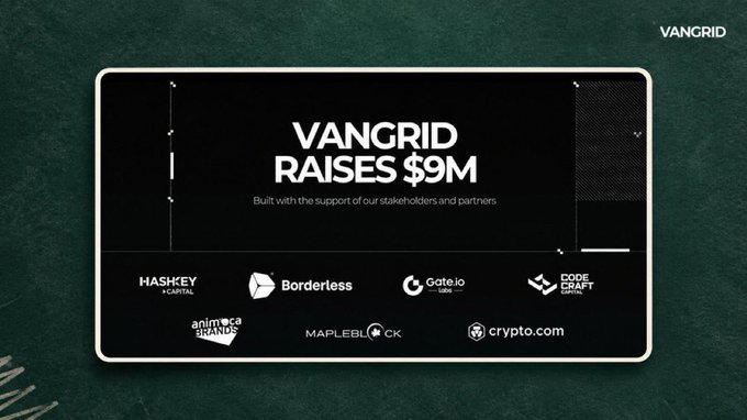 A promotional graphic stating 'VANGRID RAISES $9M' built with the support of stakeholders and partners including HASHKEY CAPITAL, Borderless, Gate.io, CODE CRAFT, Animoca Brands, MAPLEBLOCK, and crypto.com.